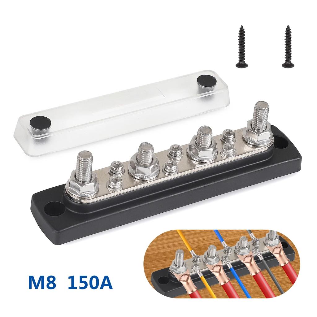 150A 12V-48V 4*M8 New Bus Bar Heavy Duty For Truck Car Black Power Distribution Block Terminal Stud for Marine Boat Truck Yacht