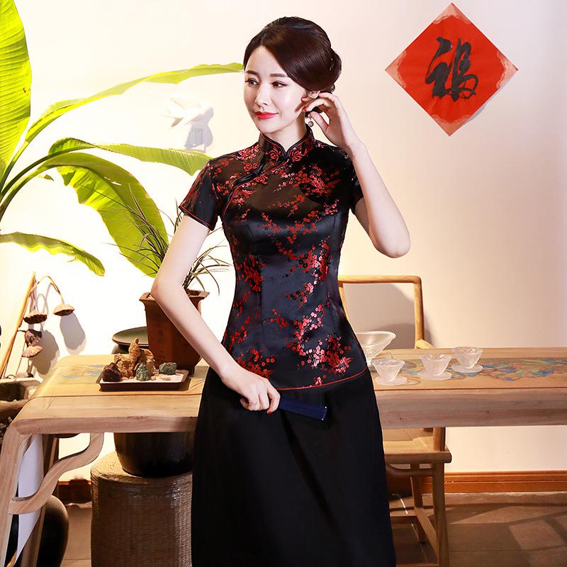 Damen Satinhemd Plus Bluse Chinesischer Stil Tang Kleidung Satinhemd Oberteile Knopfleiste Qipao Damen Hochzeitskleidung
