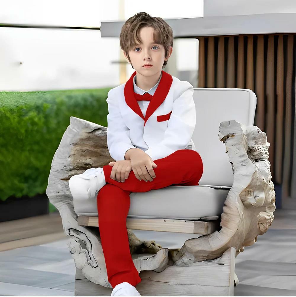 Модный костюм для мальчика, комплект из 2 предметов, приталенный, детский пиджак с лацканами-шалью, формальный, брюки, детский наряд для вечеринки, выступления 90 красный/белый