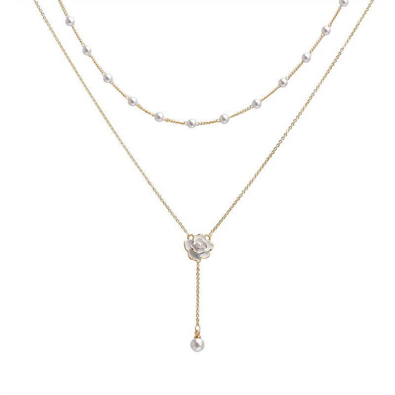 Doppellagige Perlenkette für Damen, Goldfarbene Perlen, Anhänger Halsketten, Goth Kette Choker für Damen, Modeschmuck