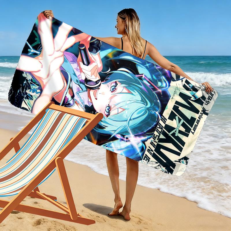 Anime Miku Print Beach Towel, Large Soft Quick Dry Towel for Beach Camping Swimming