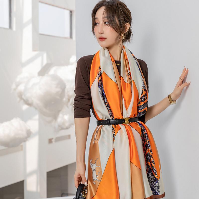 Wczesną wiosną nowy prosty kolorowy geometryczny blok kolorów długi jedwabny szal koreańska wersja damskiego temperamentu podróż długi szal