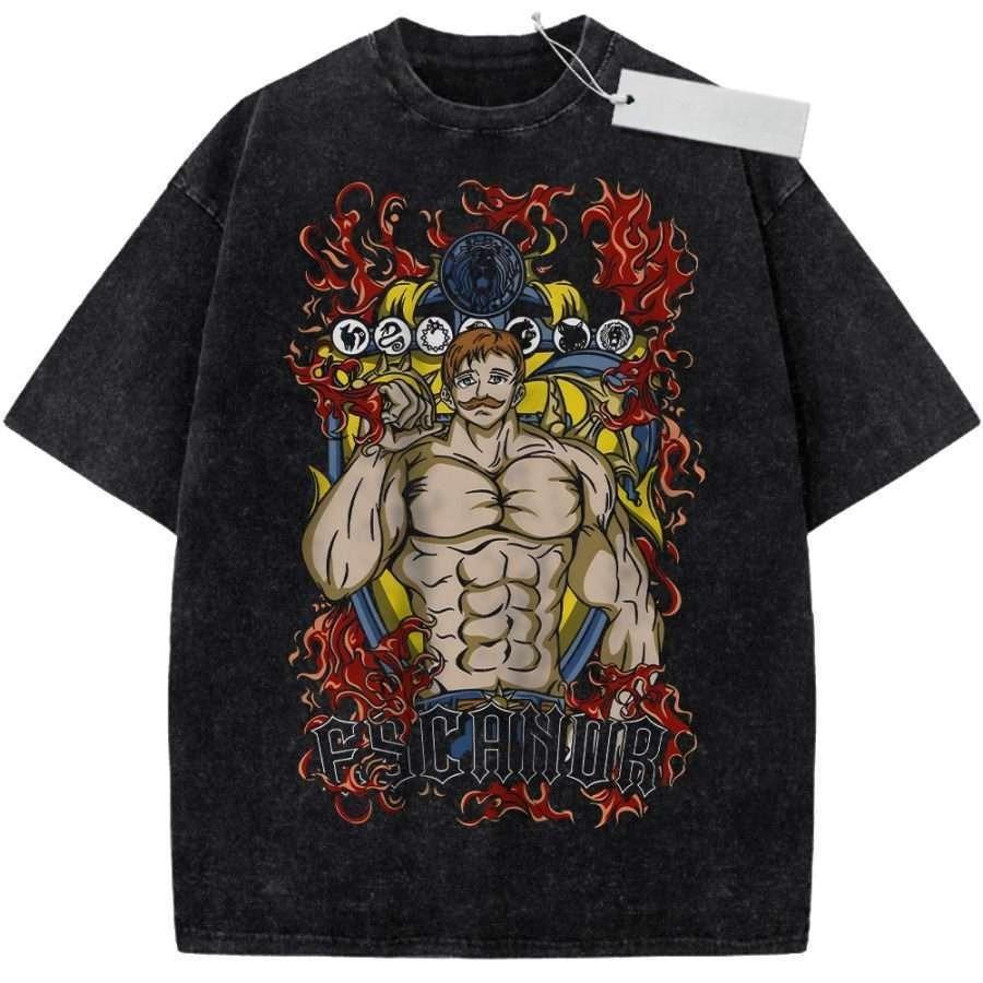 Unisex Washed Black Vintage Tshirt Seven Deadly Sins Escanor Highquality Fabric for Home Leisure Travel Shopping
