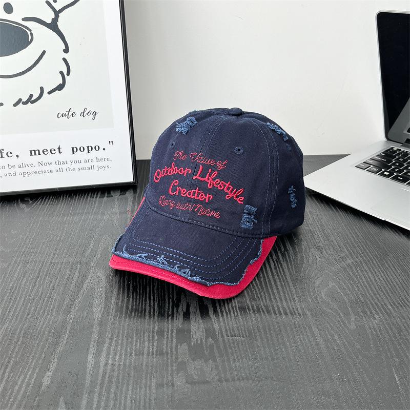 

New Ripped Hole Wash Letter Embroidery Contrasting Color Design Baseball Hat Women s Outdoor Casual Soft Top Korean Embroidery Hat adjustable