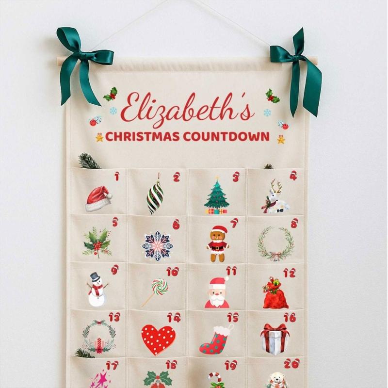 24 Numbered Advent Calendar Panel, Custom Fabric Christmas Wall Display for Entryways, Small Candy, Message Cards and Indoor Rooms