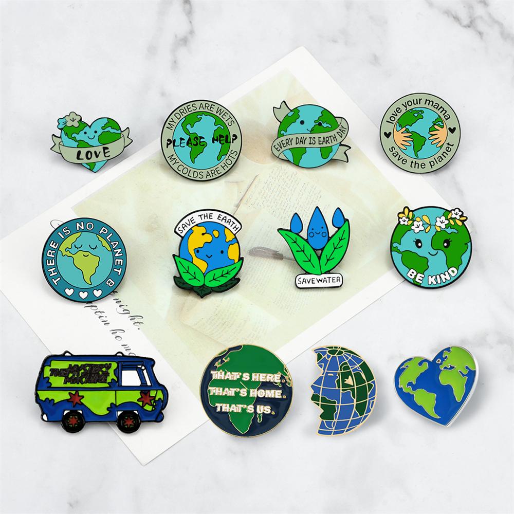 Creative Save the Earth Brooch Slogan Protect Environment Enamel Pins Save Water Go Green Badge Cartoon Custom Bag Lapel Jewelry