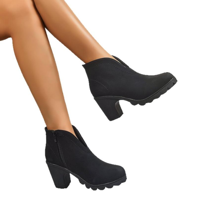 2025 Winter Side Zipper High Heel Fashion Boots Women's New Plus Size Block Heel V-Mouth V-Mouth V-Mouth V-Boots