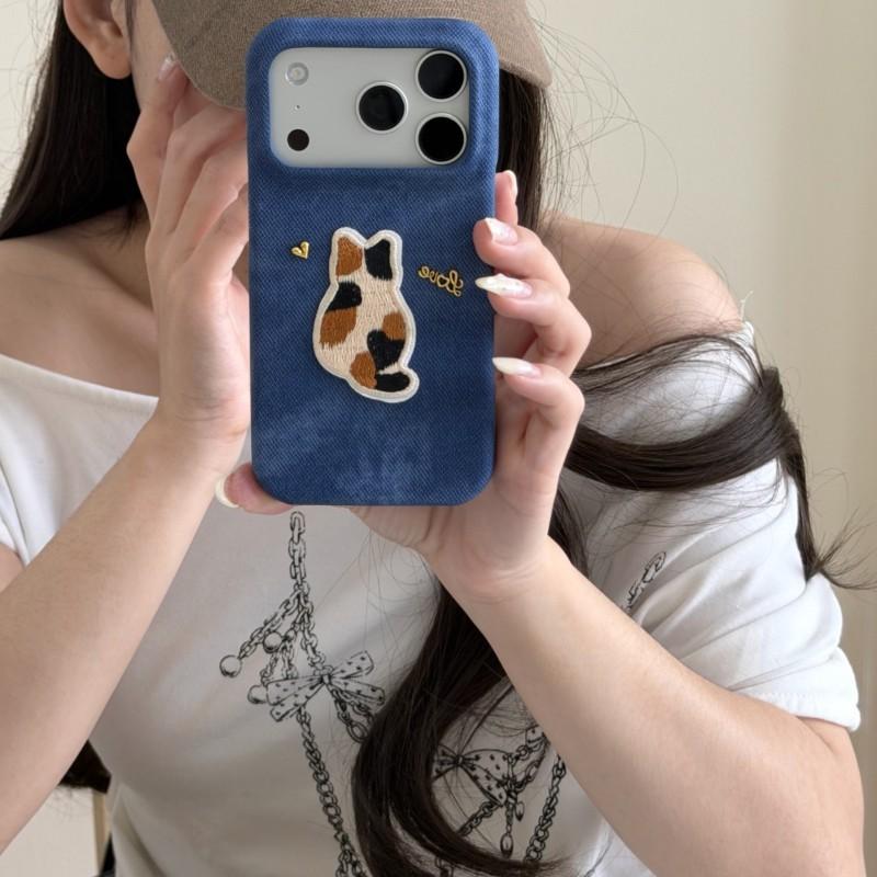 Embroidered Cat Denim Fabric Phone Case IPhone 17 Pro Max 16 15 13 Protective Cover Soft Stitched Design