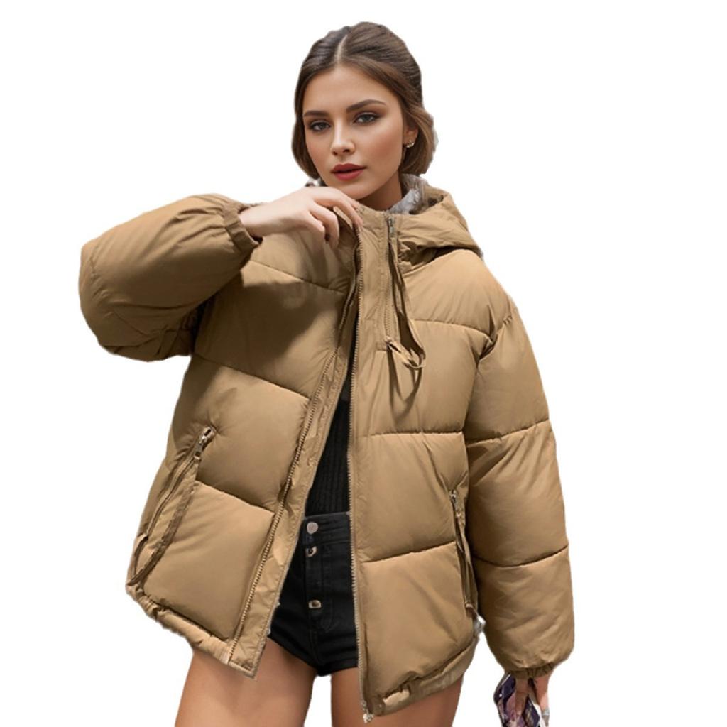Giacca Imbottita da Donna 2024 Inverno Nuova con Cappuccio Spessa Calda Giacca in Cotone Femminile Monocolore Cerniera Parka Cappotti Abbigliamento da Donna