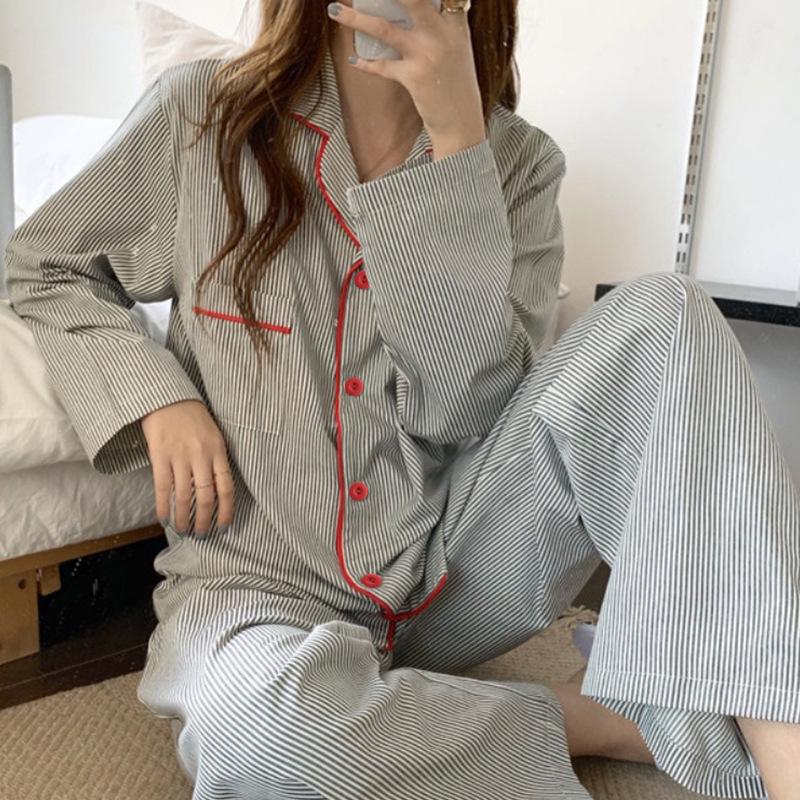 Spring and Autumn Ladies Pajamas Family Clothing Set Girls Simple Striped Long Sleeve Student Underwear Pajamas Family Clothing Set