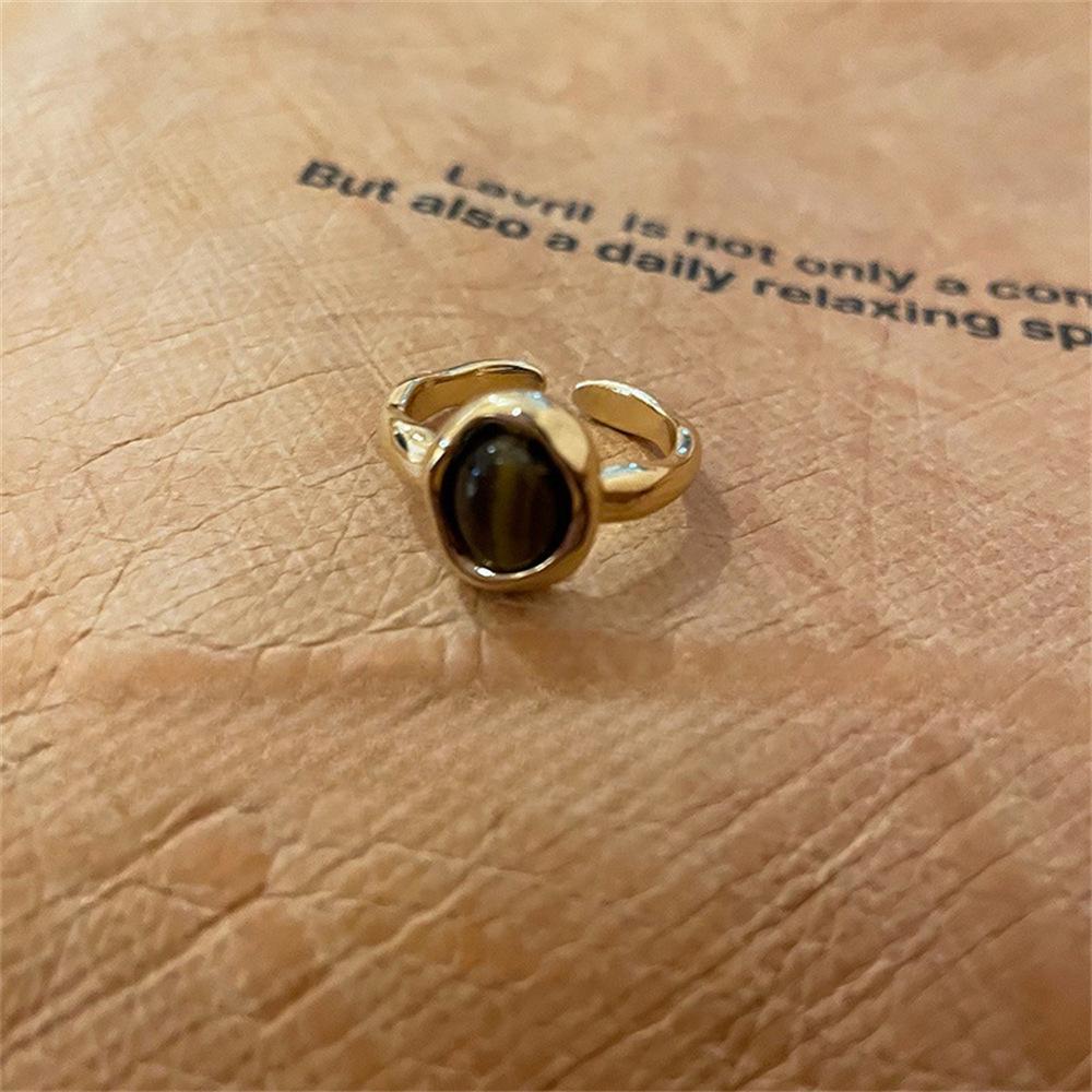 Tiger's Eye Stone Open Ring Temperament Niche Design Light Luxury Index Finger Ring Fashion Gold Ring