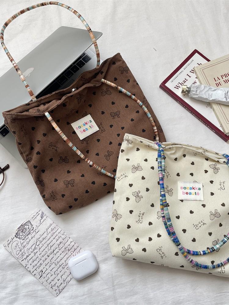 Korean Style Corduroy Bow Shoulder Bag - Women's Spring Canvas Tote