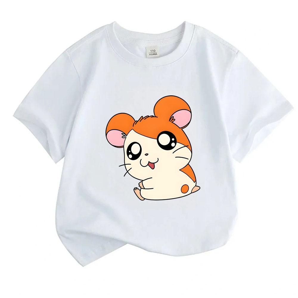 Kids Boys Girls 100% Cotton Crew Neck Short Sleeve T-Shirt, Cute Orange White Cartoon Hamster Print Casual Soft Breathable Tee for Children Daily Wear
