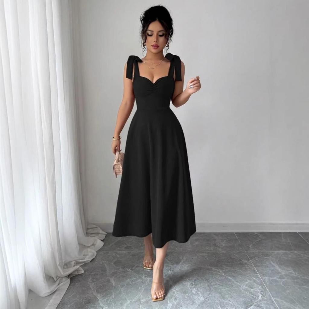 European Spring/Summer Solid Color Waist-cinching Elegant Long Dress