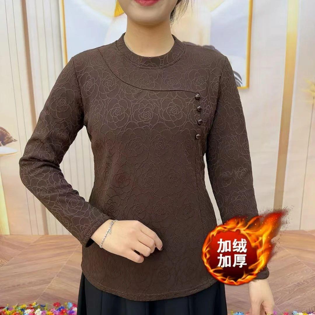 

2025 autumn and winter new velvet semi-turtleneck long-sleeved bottoming shirt middle-aged and elderly women s clothing temperament looks thin 4XL