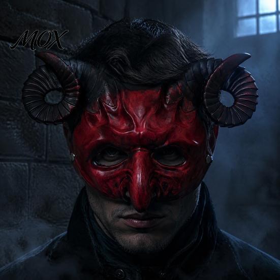 Retro Devil Costume Gothic Goat Head Masque with Horns, Adult Demon Skull Detailed Carvings Masque, Scary Animal Cosplay for Halloween Party,
