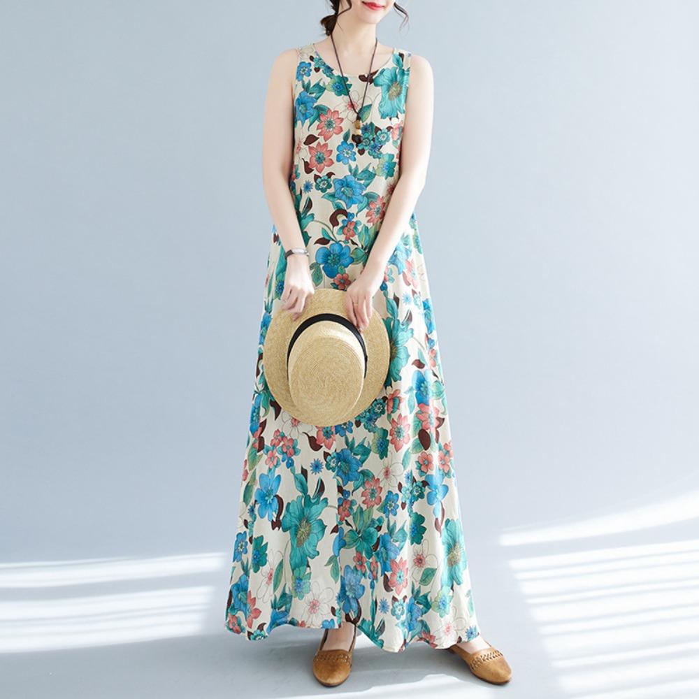 Women's Round Neck Sleeveless Maxi Dress Loose Fit Vintage Floral Print Cotton Linen Casual Dress