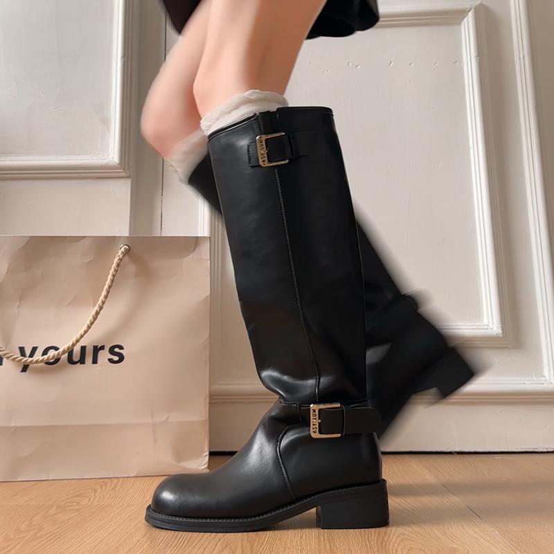 Vintage Belt Buckle Women Knight High Boots Concise Slip On Thick Heels Shoes Fashion Banquet Party Long Botas Mujer