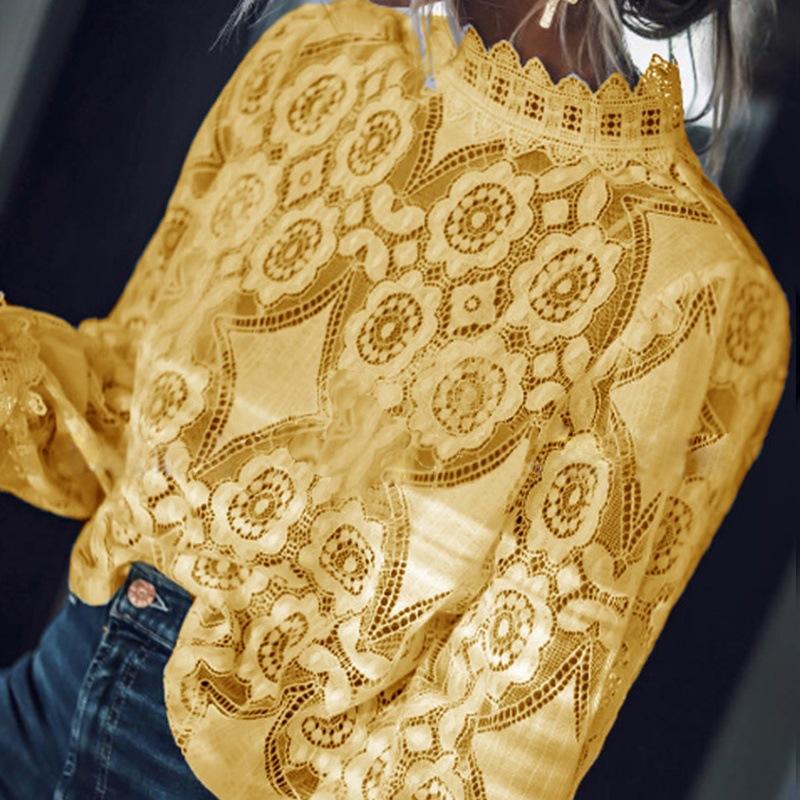 

HNXC Women s Spring and Summer Tops: Sexy See-through Long-sleeved Stand-up Collar Lace Tops M