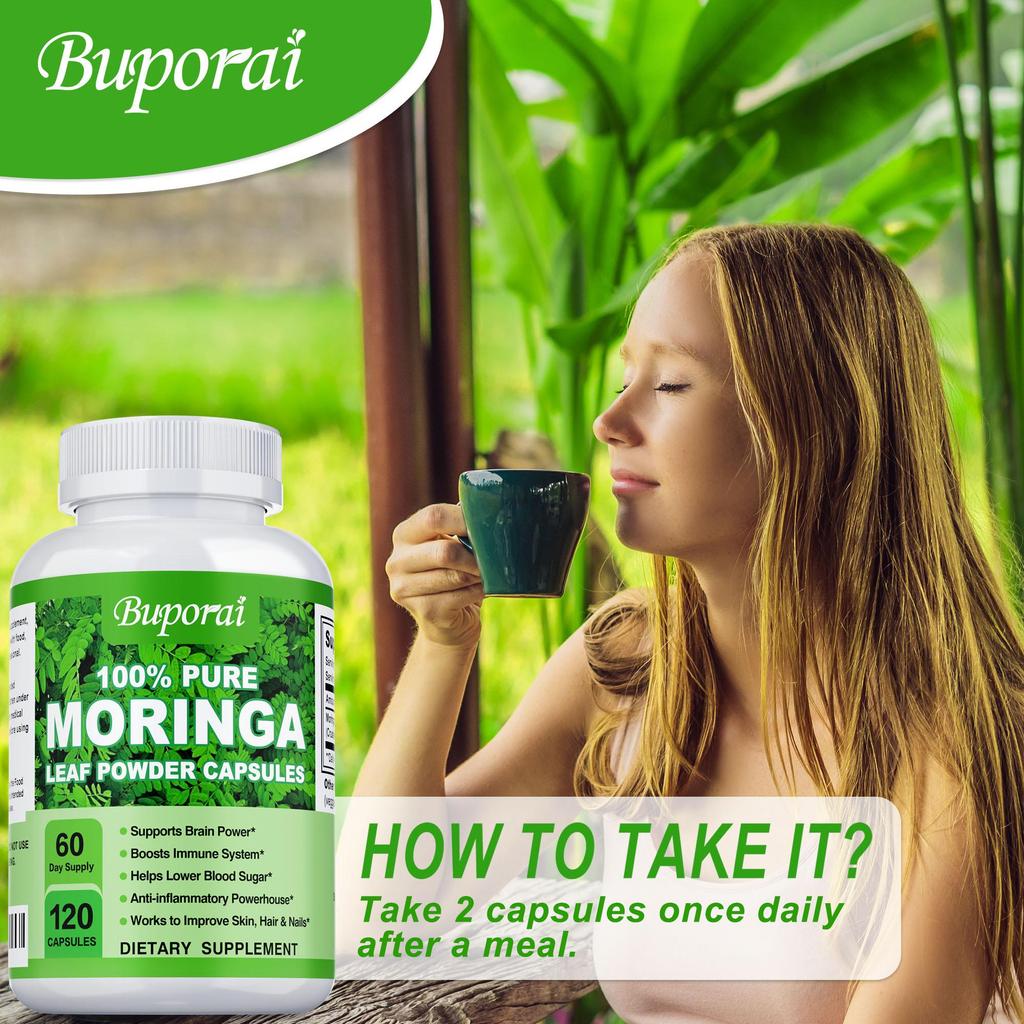 Moringa Capsules, Pure Oleifera Leaf Powder Pills, 1200mg Per Serving, Immune System, Metabolism,  Non GMO