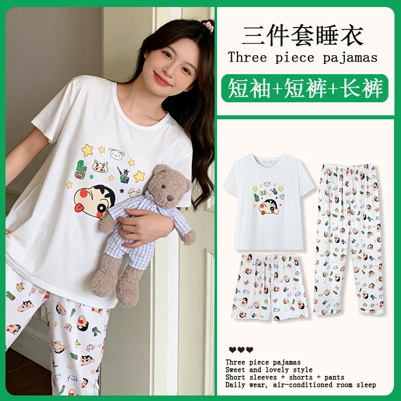 Summer Korean Sweet Pajamas Women's Crew Neck Short-sleeved Three-piece Comfortable Women's Loungewear Spot Straight Hair