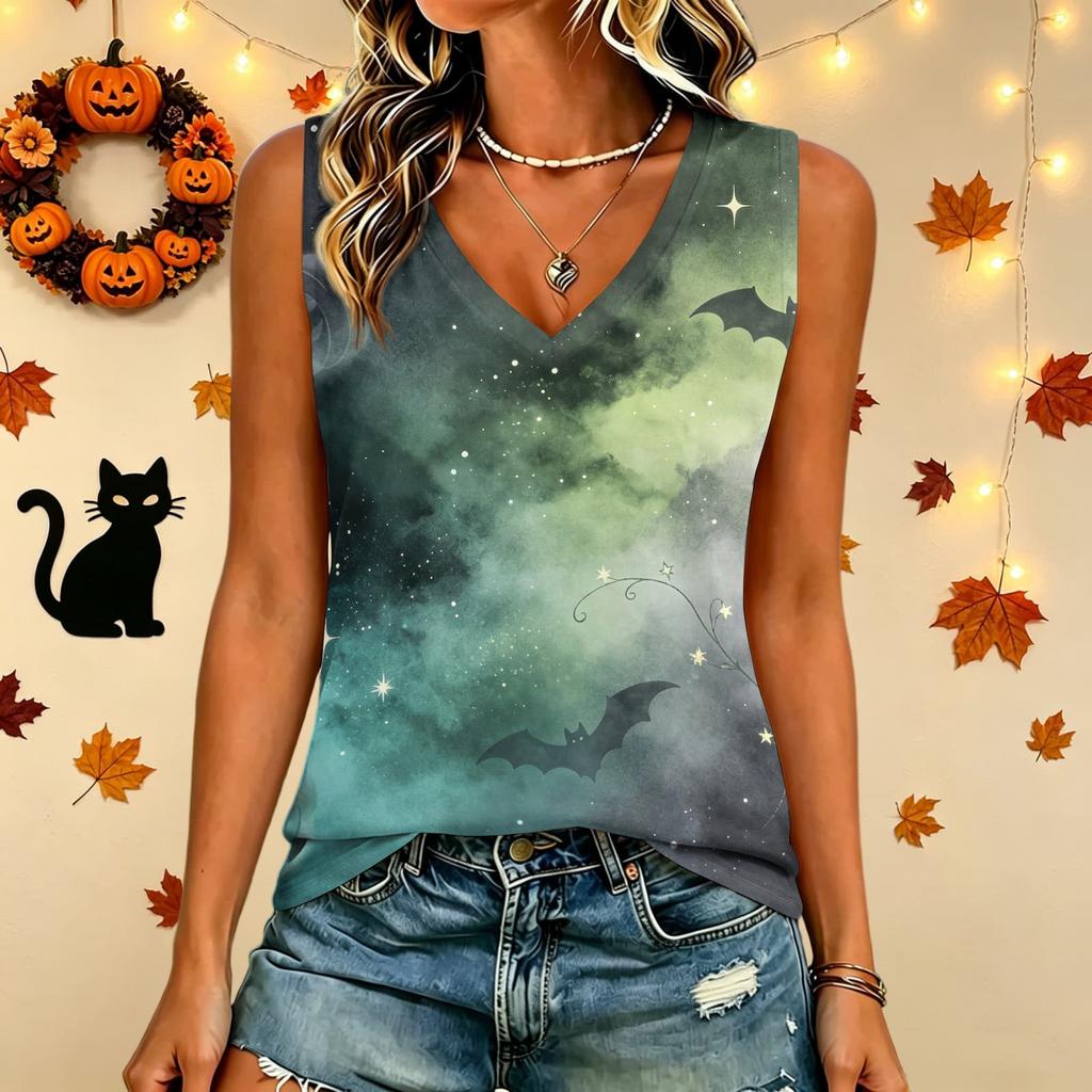 Women's V Neck Casual Halloween Printed Top for Party and Daily Wear