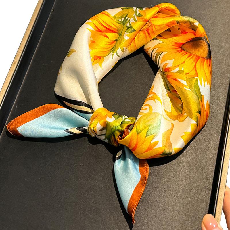 TOP Novelty 100% Silk Women Scarf Gaudy Sunflower Small Square Scarf Hair Neck Scarf Lady Headscarf Vintage Ladies Shawls