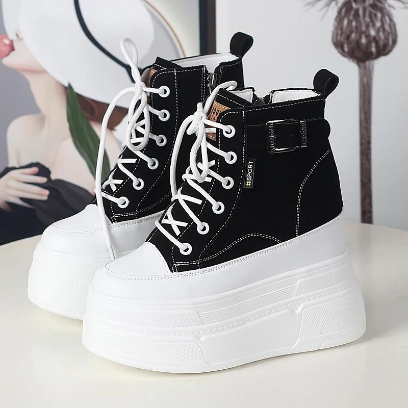 Fashion Small Super High Heel 13cm Frosted Leather High-top Shoes Women's Autumn and Winter New Velvet Muffin Platform Casual Sneakers