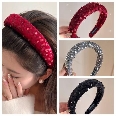 Bandeau Large en Velours Couleur Unie Bandeau Éponge Bandeau à Sequins Brillants Nouvel An
