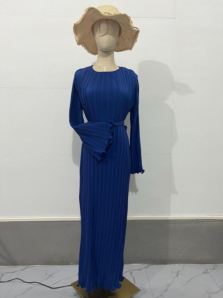 Pleated Maxi Dress Long Flared Sleeves Fitted Waist Elegant Women's Party Dress Casual Ankle-Length