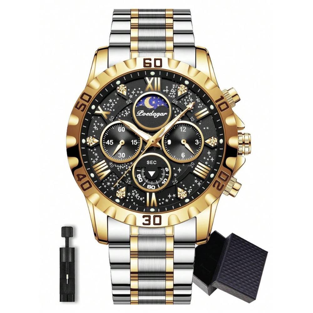 POEDAGAR 1 pz Orologio Sportivo da Uomo, Cronografo Impermeabile, Orologio al Quarzo di Lusso in Acciaio Inossidabile Luminoso con Scatola Regalo