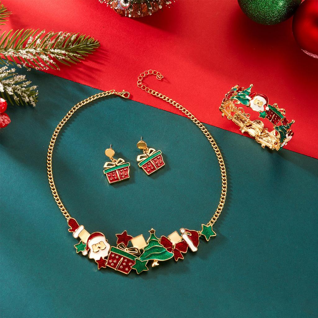 Exaggerated Metal Christmas Necklace for Women Elegant Dripping Oil Santa Claus Gift Xmas Tree Bow Hat Necklace New Year Jewelry