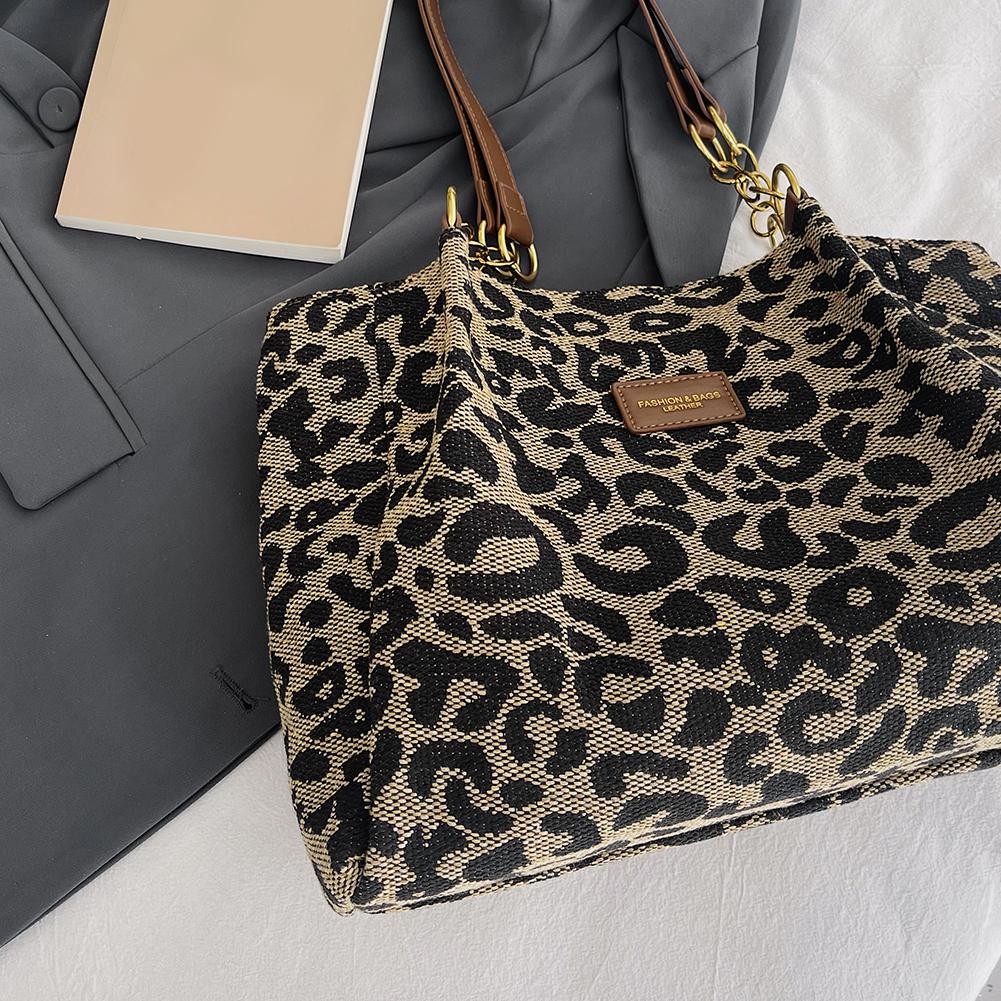 Leopard Print Canvas Shoulder Bag Women Tote Bag Multi-Pockets Handbag with Zipper Underarm Bag for Work Shopping