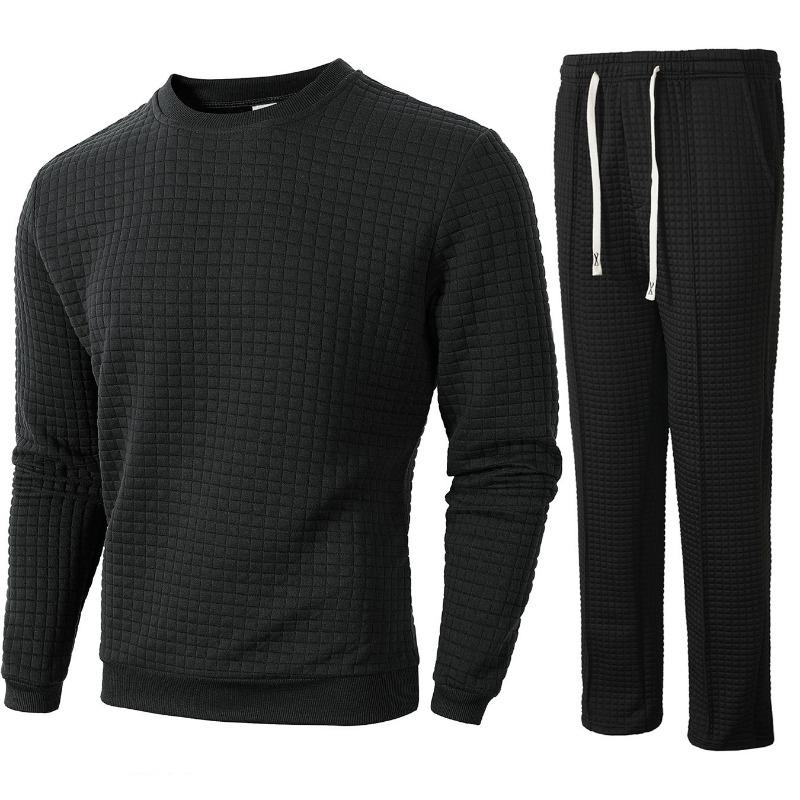 Höst och Vinter Ny Rund Hals Långärmad Rutig Casual Underdel Skjorta Herrbyxor Set