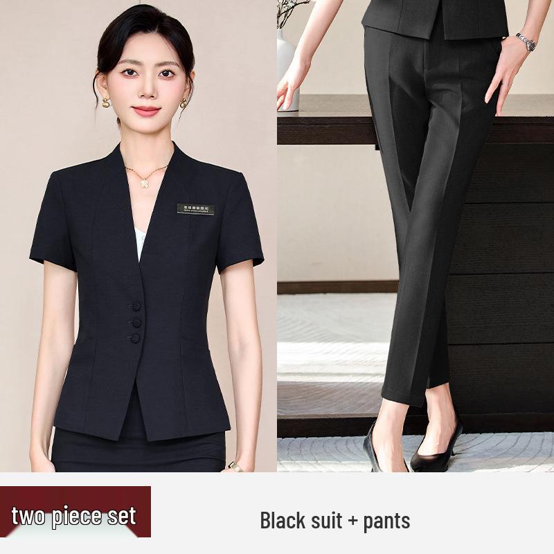 Women's Blue Short-Sleeve Professional Suit Set for Hotel Manager or Receptionist - Spring/Summer Formal Workwear