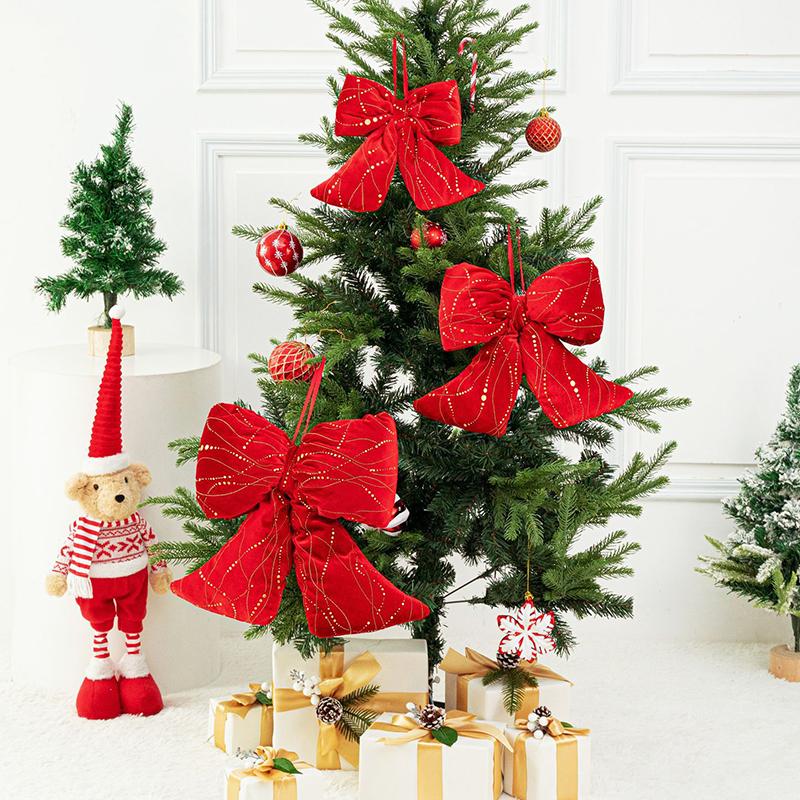 1PC Red Fireplace Bows with Glitter Surface Wreath Hanging Pendants Home Big Christmas Cloth Bows Ornaments Party 3 Sizes