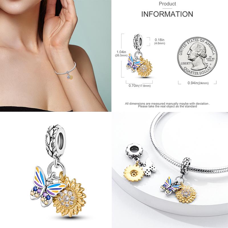 Breloques Compatibles Pour Bracelet DIY Argent 925 Série Jaune Cœur d'Amour Tournesol Lune Chat Breloques Vente Chaude S925 Fabrication de Bijoux DIY