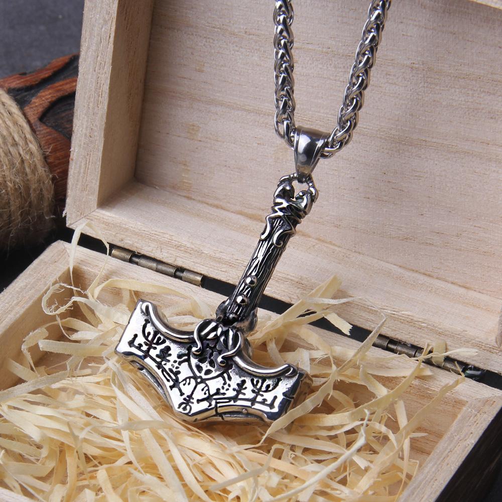 Norse Vikings Thor Hammer Mjolnir Necklace Stainless Steel Chain Vegvisir Pendant Male Jewelry Rune Amulet