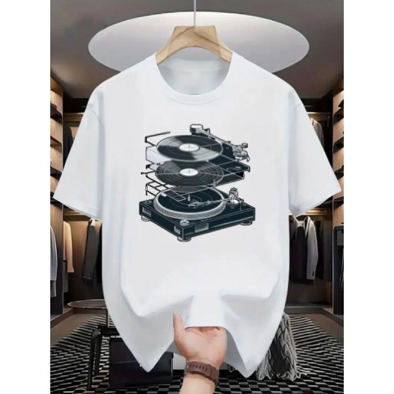 European Size Summer New Vintage Black Vinyl Record Player Layered Print Short Sleeve T-Shirt Men'S Loose Casual Music Style Short Sleeve Top