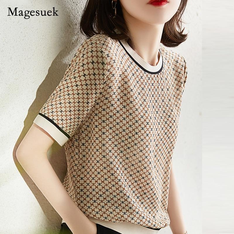 Женская рубашка с коротким рукавом, винтажные топы в квадратную клетку ...