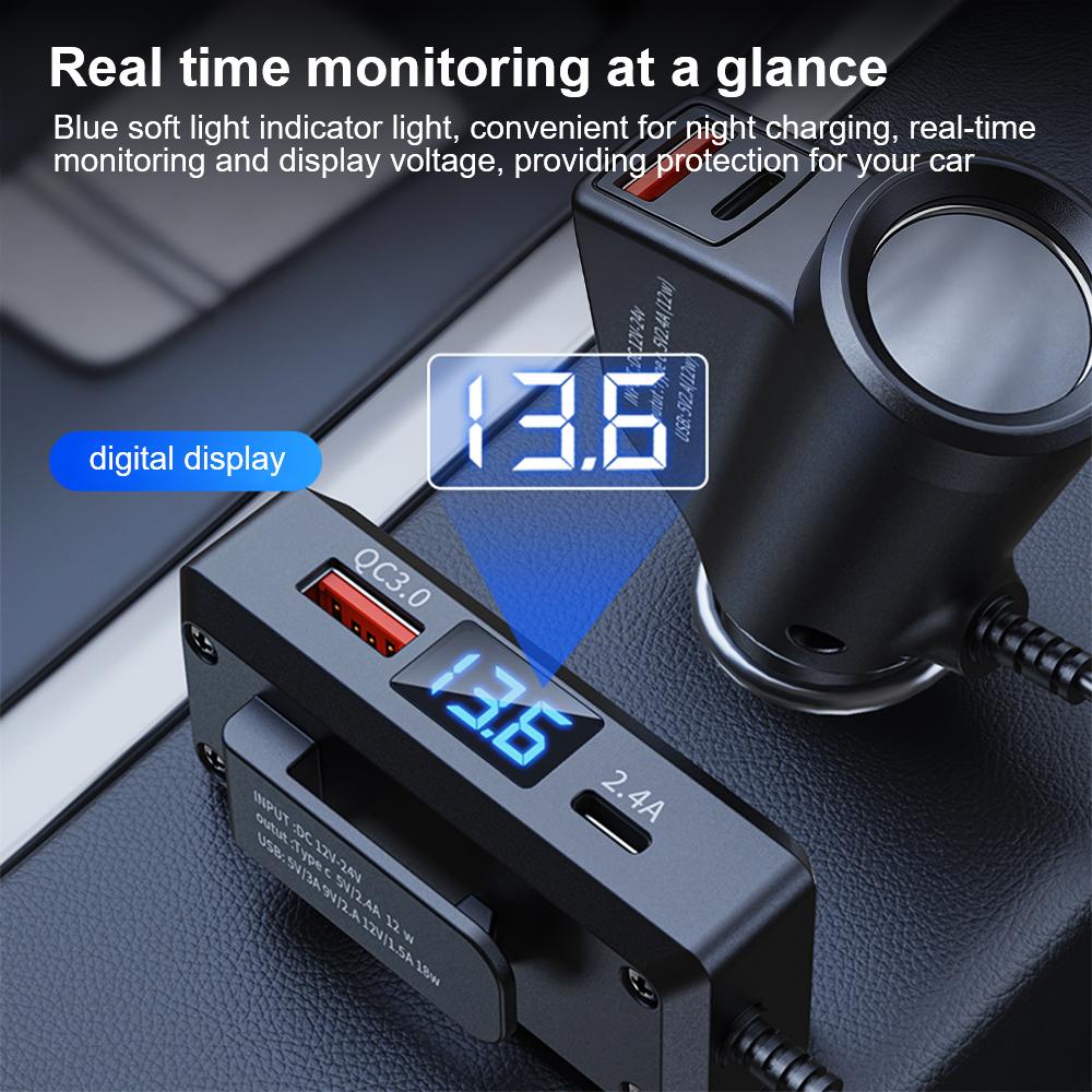 Car Digital Display Vehicle Charger USB Fast Charging Universal Auto Charger Adapter QC3.0+PD TypeC Multifunctional Quick Charge