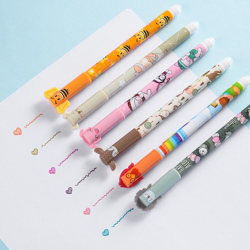 6 Colors Erasable Gel Pen 0.5mm Cute Cartoon Animal Erasable Pen Colors Ink Ballpoint Pen Writing Error Erasable for School