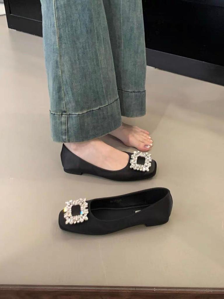 Satin Rhinestone Square Buckle Mary Jane Spring and Autumn Square Head Grandma Shoes Single Shoes Women's Flat Beanie Shoes Ladyshoes