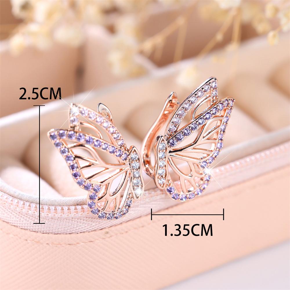 Purple Crystal Pink Zircon Butterfly Hoop Earrings For Women Vintage Rose Gold Color Ear Buckle Wedding Jewelry Engagement Gift