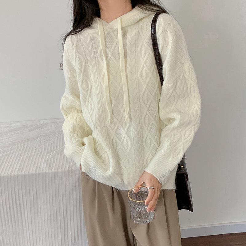 Hooded geometric twist lazy wind pullover sweater autumn and winter new large size thick knitted sweater women