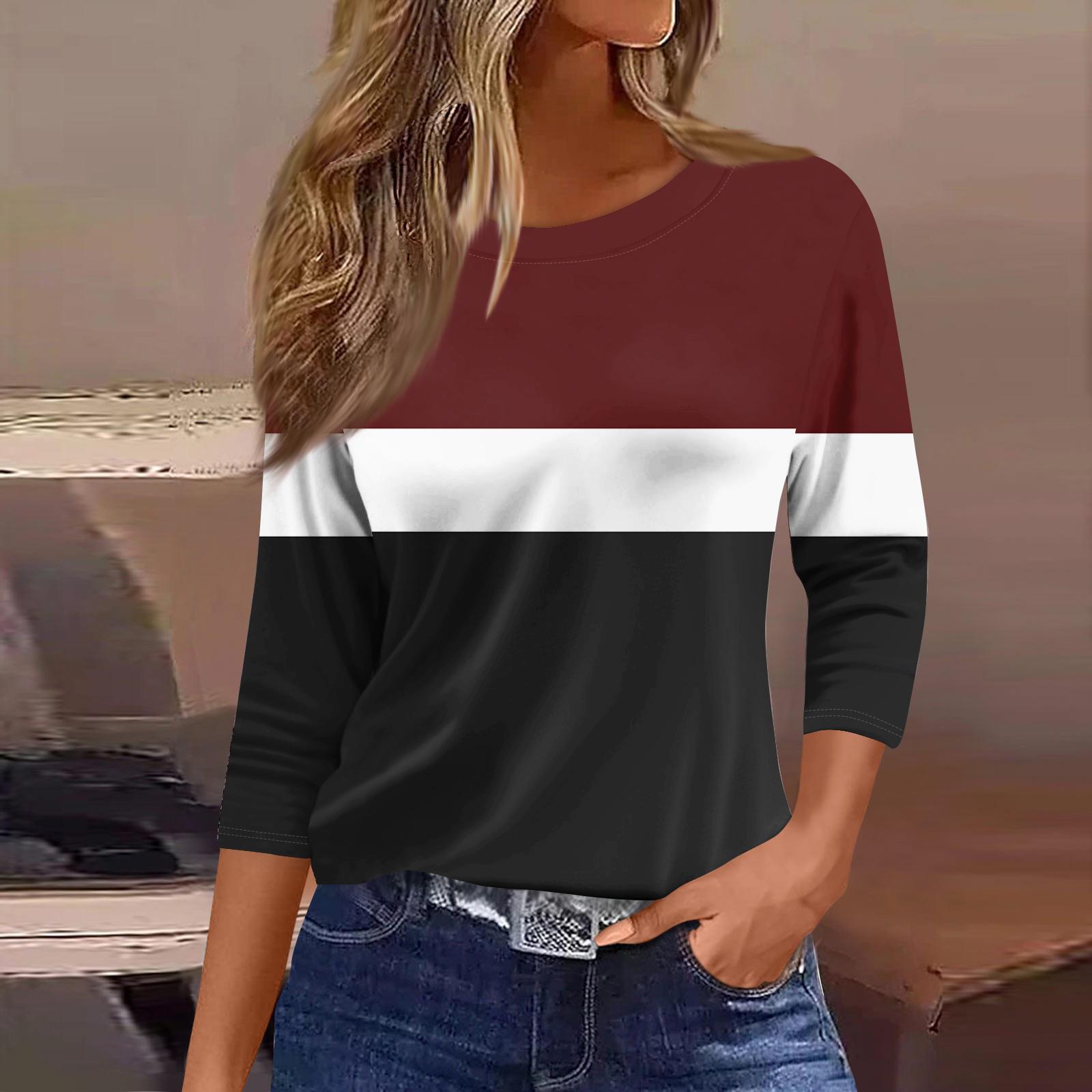 

Women s Fashionable Casual Round Neck T-Shirt With Striped Patchwork Print And Three-Quarter Sleeves XL винный