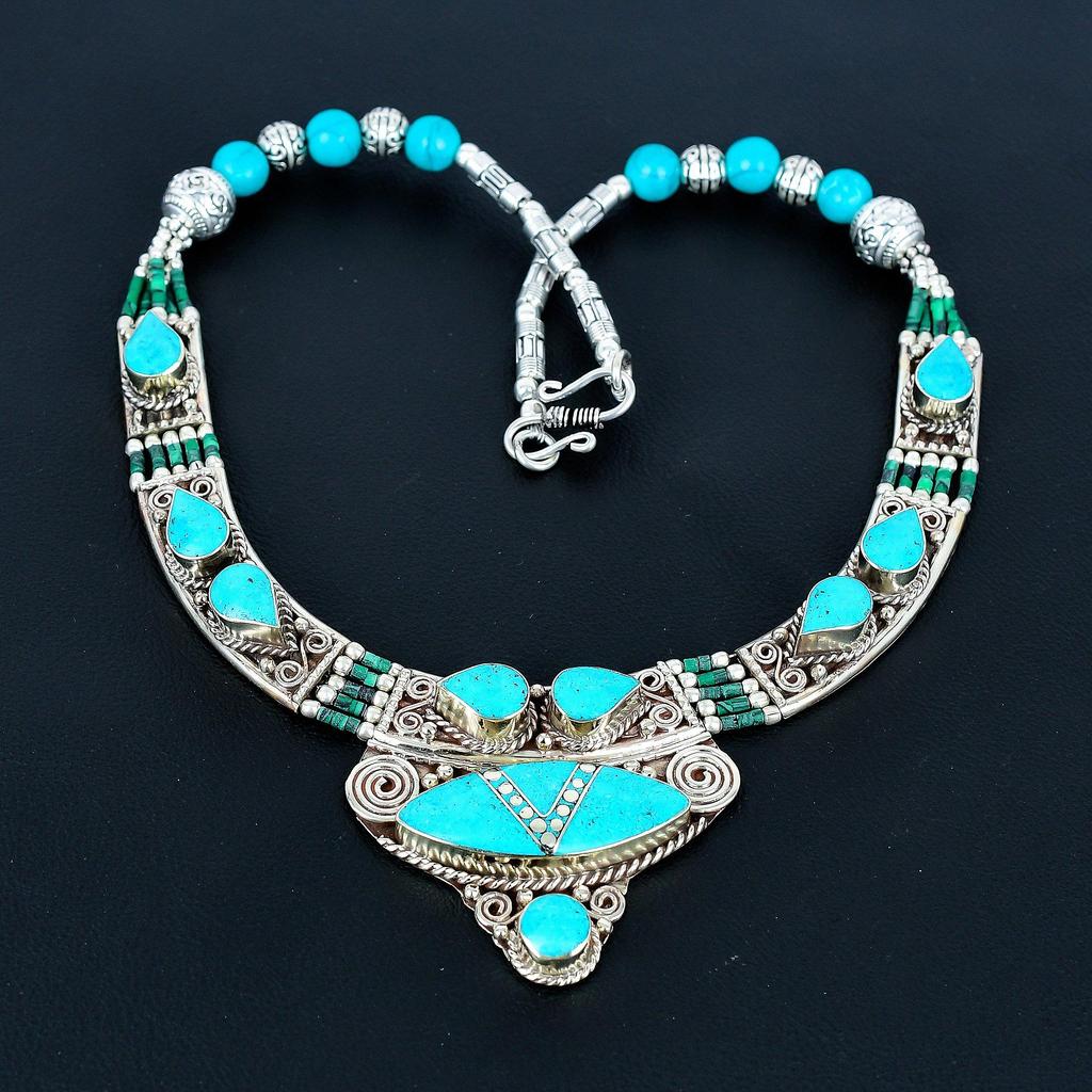 Schlafender Türkis 925 Sterlingsilber Halskette Tibetische Silber Halskette Böhmische Antike Halskette Handgefertigter Schmuck Nepalesische Halskette Geschenk für Ehefrau