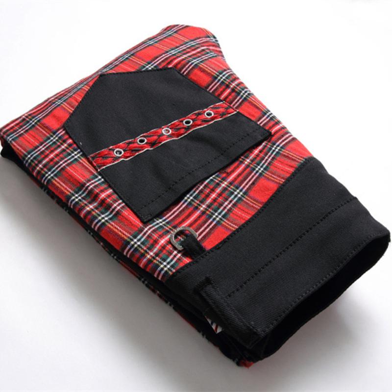 Nuova Moda Rosso Scozzese Patchwork Punk Cerniera Uomo Jeans Pantaloni Matita Y2K Fibbia Hip Hop Gotico Slim Denim Pantaloni Pantaloni Uomo