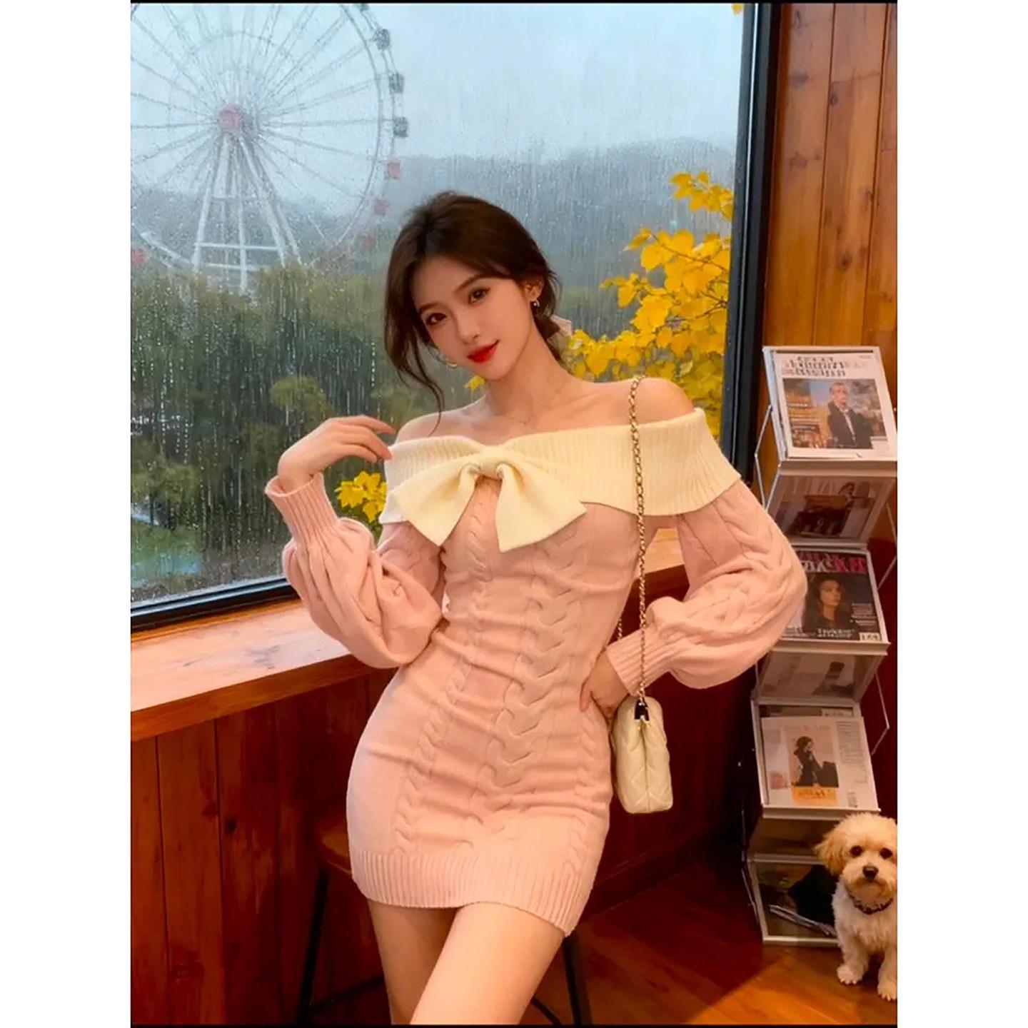 

Women s 2025 Winter Pink Sweet & Spicy One-Shoulder Dress - Figure-Flattering & Waist-Cinched Short Skirt. L (for 110-120 jin) розовый