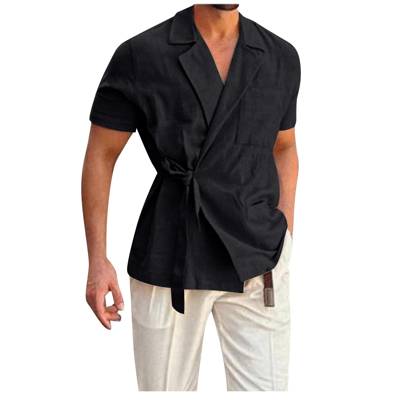 

Летняя мужская рубашка с лацканами и короткими рукавами с завязками, однотонный повседневный топ XXL чёрный